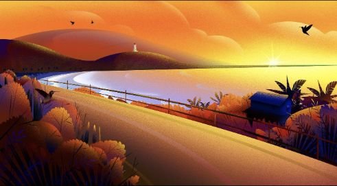 Digital illustration of a coastal road at sunset