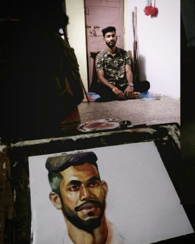 Live portrait painting session with the model in the background