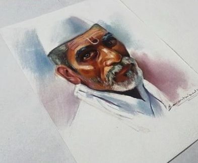 Watercolour portrait of an elderly man in a Gandhi cap